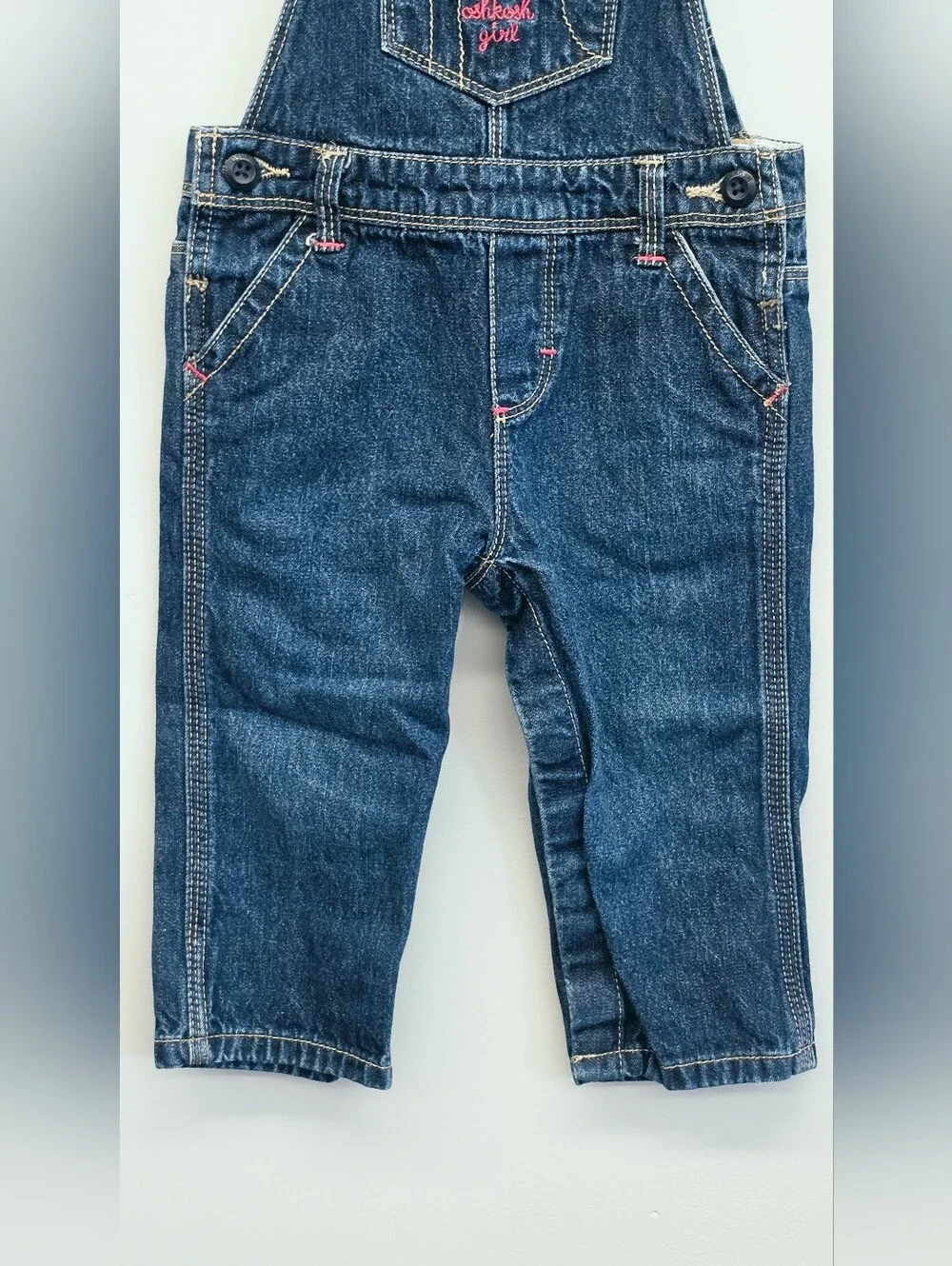 OshKosh B’gosh Girls 12M Denim Overalls Embroidered Hearts Pink